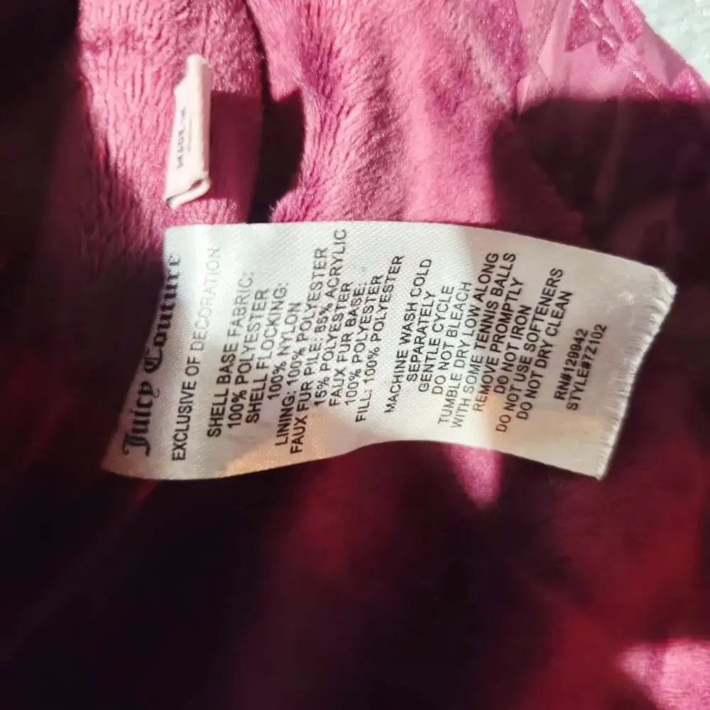 Juicy Couture Puffer Jacket Size 7/8 Burgundy Houndstooth Faux Fur Hood